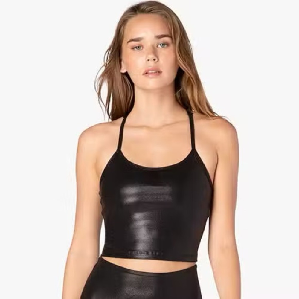 Beyond Yoga Crop Top Longline Bra Size Small in Pearlized Black Faux Leather